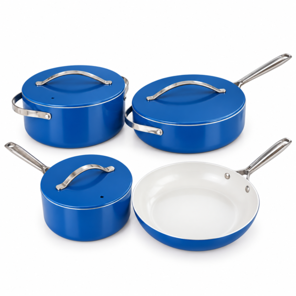 Blue Cookware Set on White Background 7pcs Ceramic coated Cookware Set