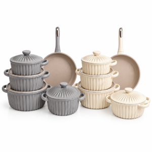 Dual-Tone Ribbed Cookware Sets UAKEEN 11-Piece Die-Cast Non-Stick Cookware Set