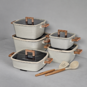 Cream Cookware Set with Wooden Utensils DONNOR 15-Piece Square Non-Stick Cookware Set with Glass Lids