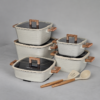 Cream Cookware Set with Wooden Utensils DONNOR 15-Piece Square Non-Stick Cookware Set with Glass Lids