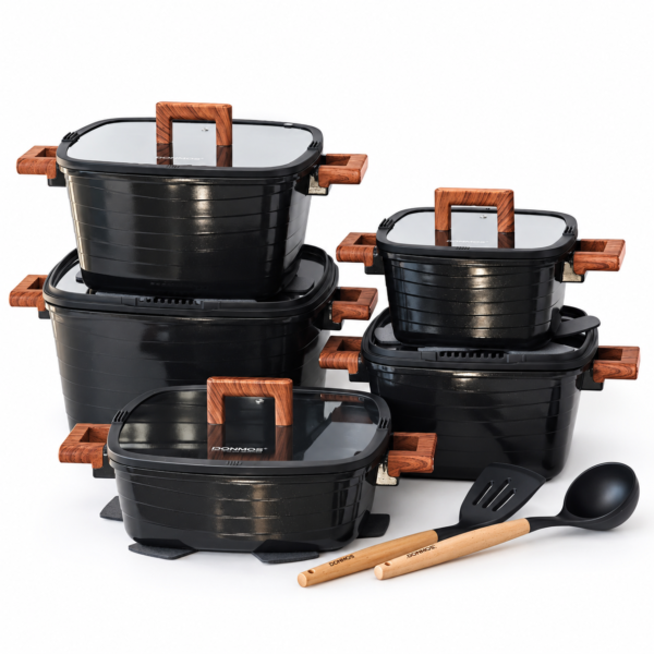 DONMOS Black Cookware Collection DONNOR 15-Piece Square Non-Stick Cookware Set with Glass Lids